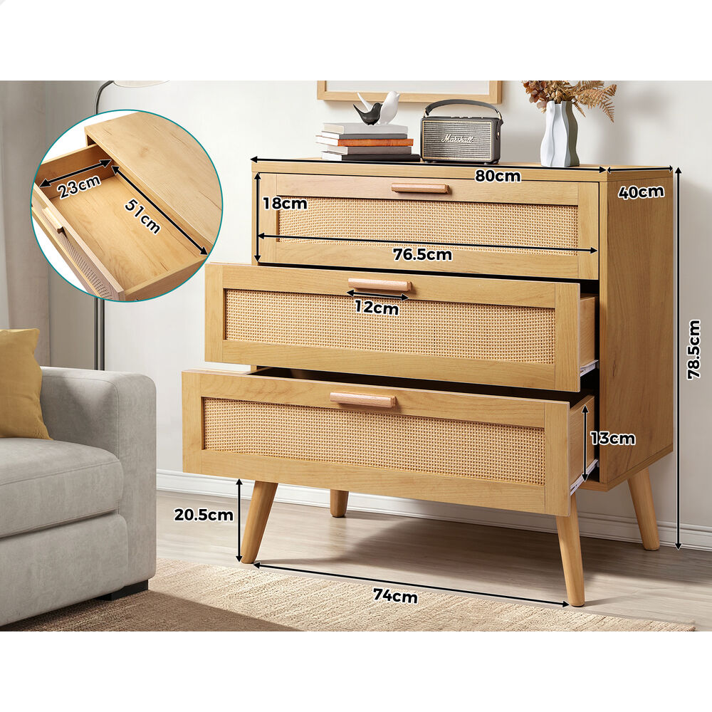 ALFORDSON 3 Chest of Drawers Storage Cabinet Rattan Dresser Tallboy Bedroom Oak
