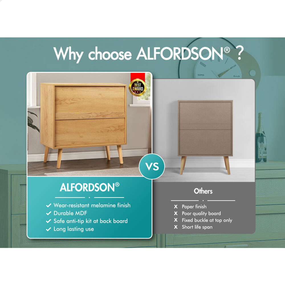 ALFORDSON 3 Chest of Drawers Storage Cabinet Rattan Dresser Tallboy Bedroom Oak