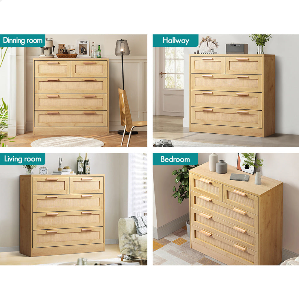 ALFORDSON 5 Chest of Drawers Storage Cabinet Rattan Dresser Tallboy Oak