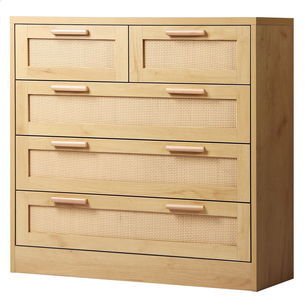 ALFORDSON 5 Chest of Drawers Storage Cabinet Rattan Dresser Tallboy Oak