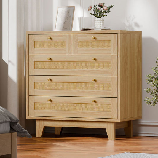 ALFORDSON 5 Chest of Drawers Rattan Storage Cabinet Dresser Tallboy Wood