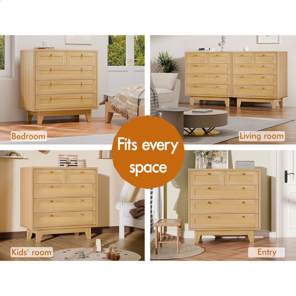 ALFORDSON 5 Chest of Drawers Rattan Storage Cabinet Dresser Tallboy Wood