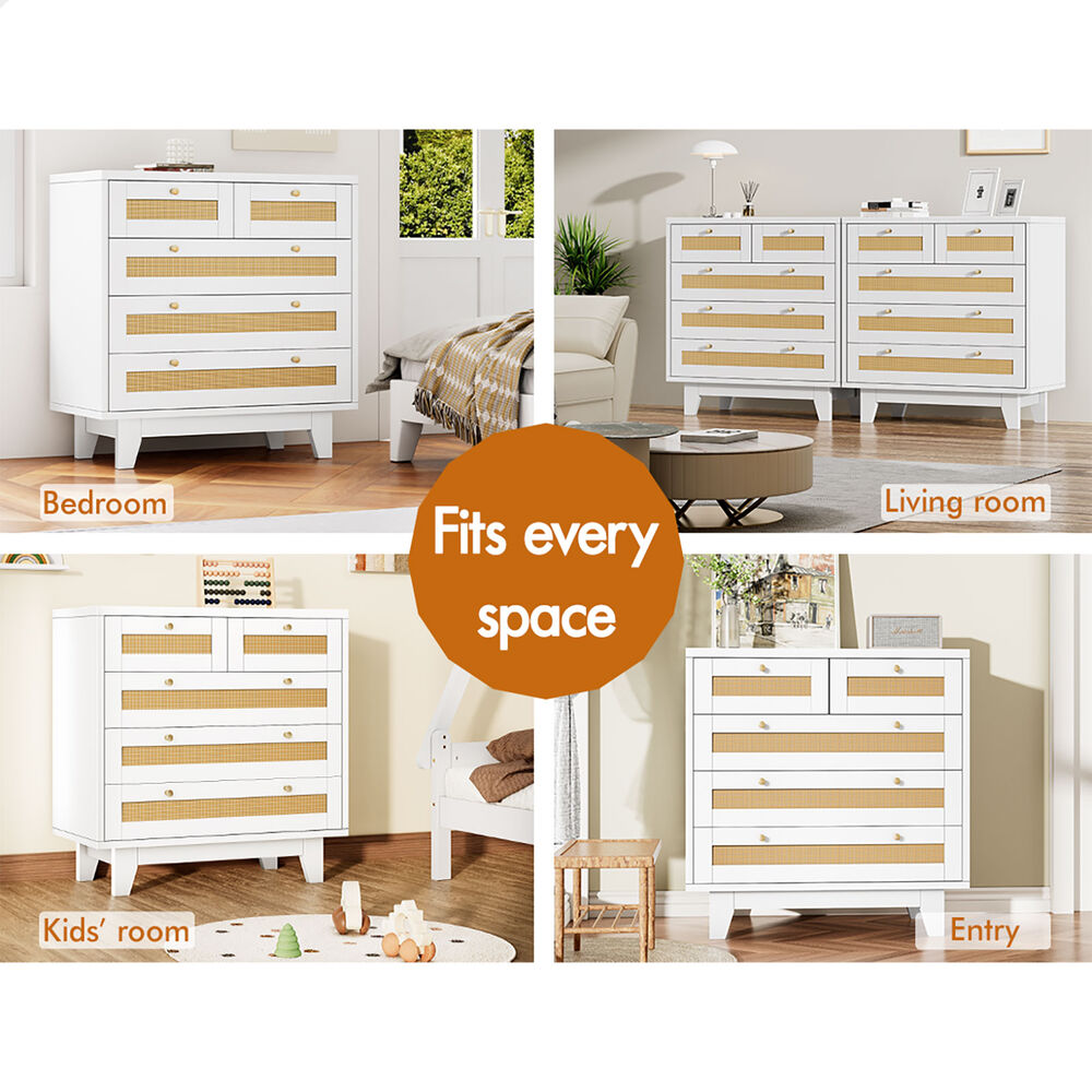 ALFORDSON 5 Chest of Drawers Rattan Storage Cabinet Dresser Tallboy White