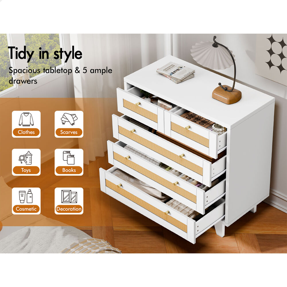 ALFORDSON 5 Chest of Drawers Rattan Storage Cabinet Dresser Tallboy White