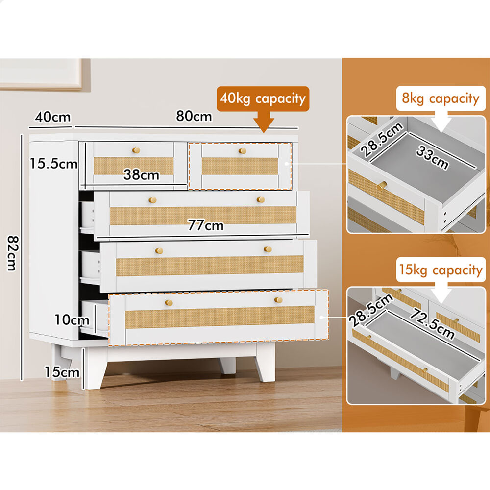 ALFORDSON 5 Chest of Drawers Rattan Storage Cabinet Dresser Tallboy White
