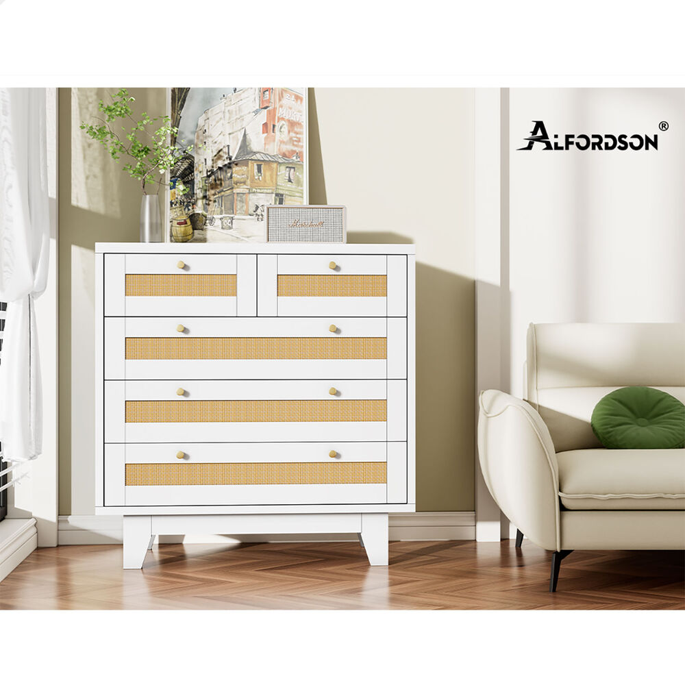 ALFORDSON 5 Chest of Drawers Rattan Storage Cabinet Dresser Tallboy White