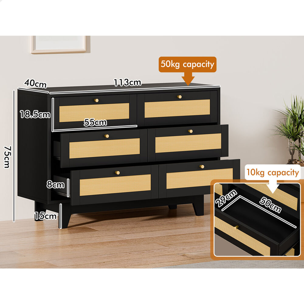 ALFORDSON 6 Chest of Drawers Rattan Storage Cabinet Dresser Tallboy Black
