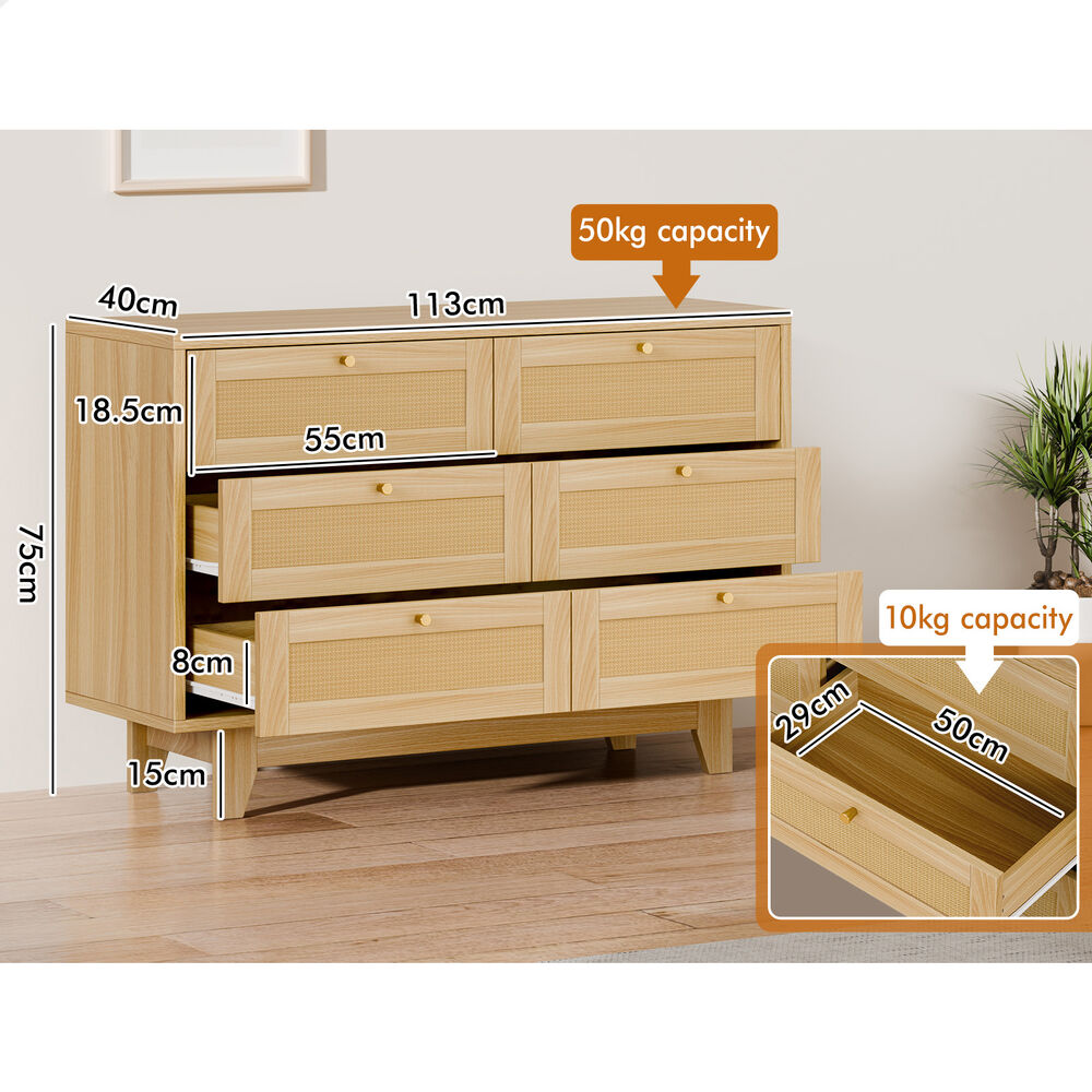 ALFORDSON 6 Chest of Drawers Rattan Storage Cabinet Dresser Tallboy Wood