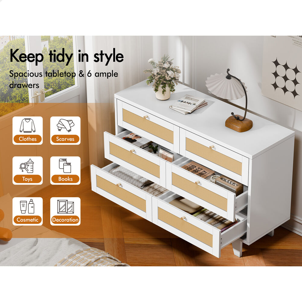 ALFORDSON 6 Chest of Drawers Rattan Storage Cabinet Dresser Tallboy White