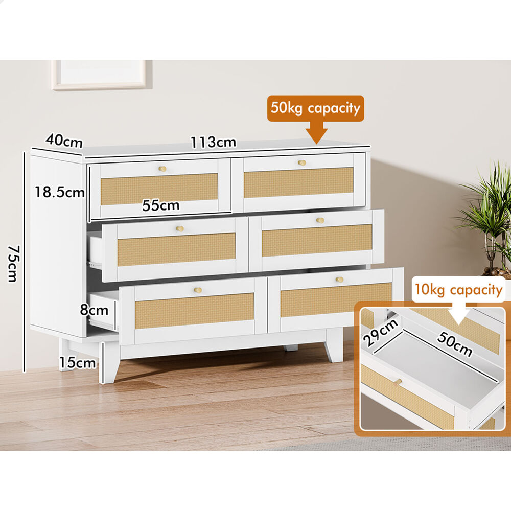 ALFORDSON 6 Chest of Drawers Rattan Storage Cabinet Dresser Tallboy White