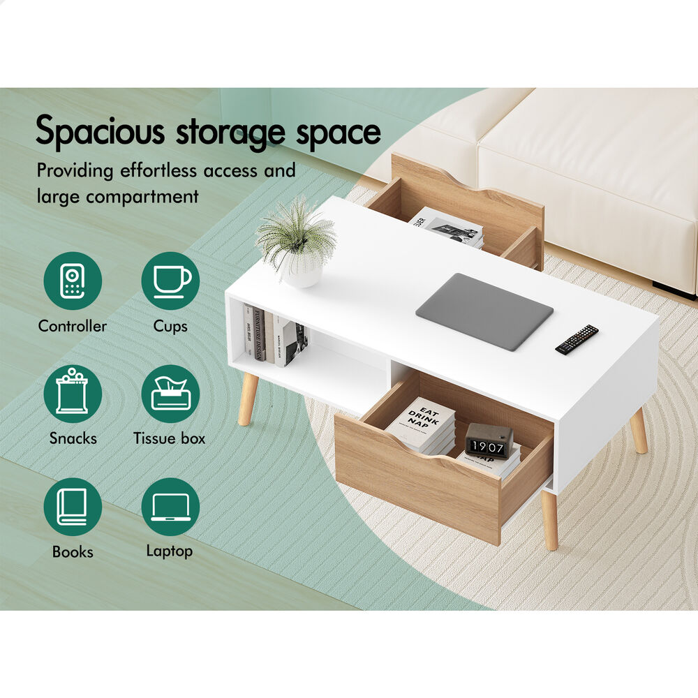 ALFORDSON Coffee Table Storage Tables 2 Drawers Shelf Modern Desk Whtie/Wood