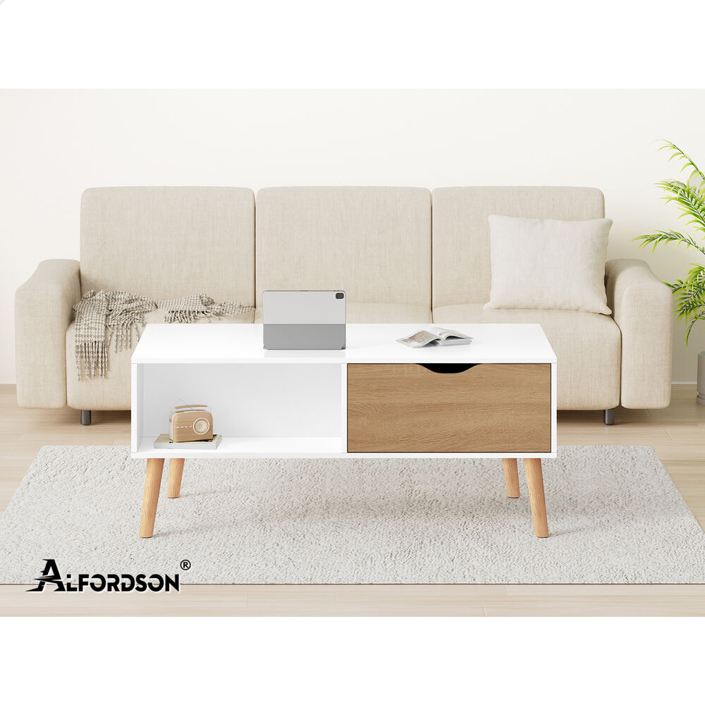 ALFORDSON Coffee Table Storage Tables 2 Drawers Shelf Modern Desk Whtie/Wood
