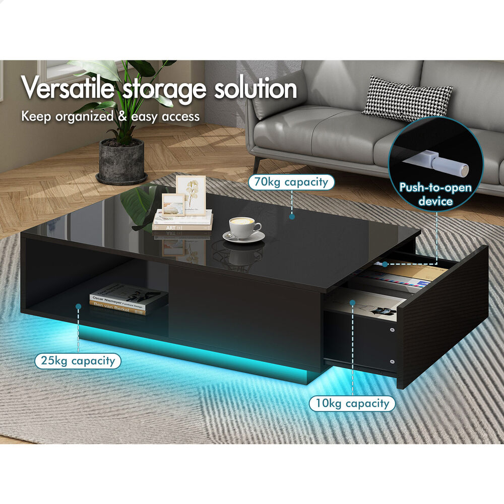 1 Drawer ALFORDSON Coffee Table LED Gloss Black