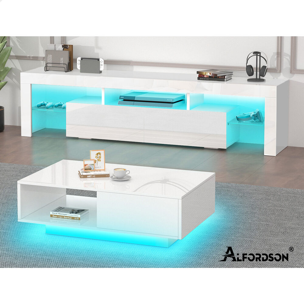 1 Drawer ALFORDSON Coffee Table LED Gloss White