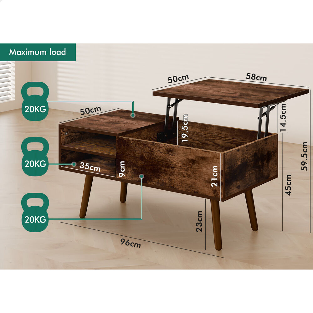 2-in-1 ALFORDSON Coffee Table Lift Up Hidden Storage Dark Oak