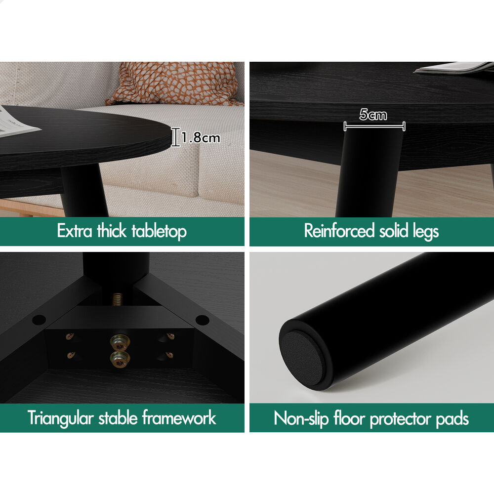 ALFORDSON Coffee Table Modern Round Table Sturdy Wooden Legs Living Room Black
