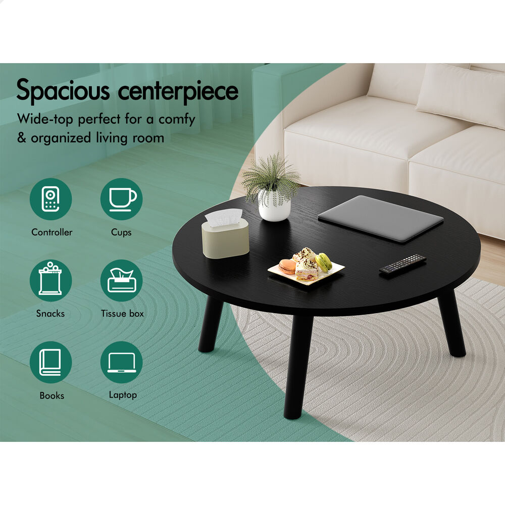 ALFORDSON Coffee Table Modern Round Table Sturdy Wooden Legs Living Room Black
