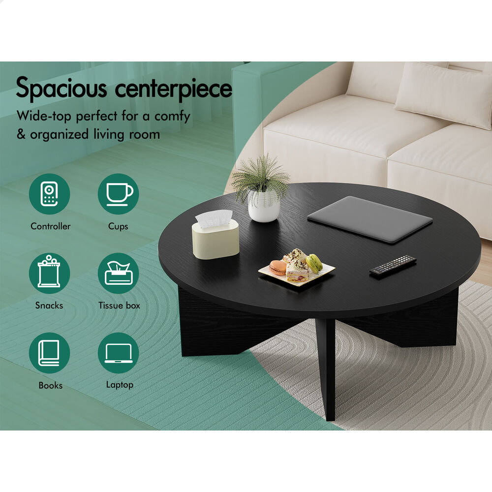 ALFORDSON Coffee Table Modern Round Table X-shape Wooden Legs Living Room Black