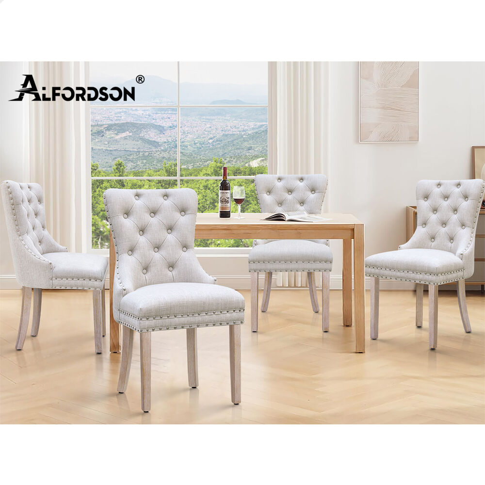 ALFORDSON 2x Dining Chair Kitchen Lounge Retro Button Tufted Wooden Fabric Beige