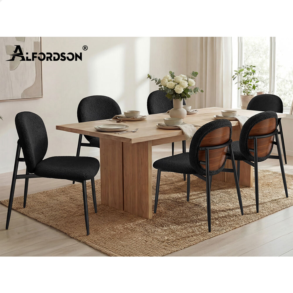 ALFORDSON 4x Dining Chairs Cafe Kitchen Lounge Curved Wooden Back Sherpa Black
