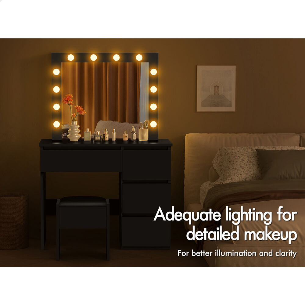 ALFORDSON Dressing Table Stool Set Makeup Mirror Desk LED 12 Bulbs Black