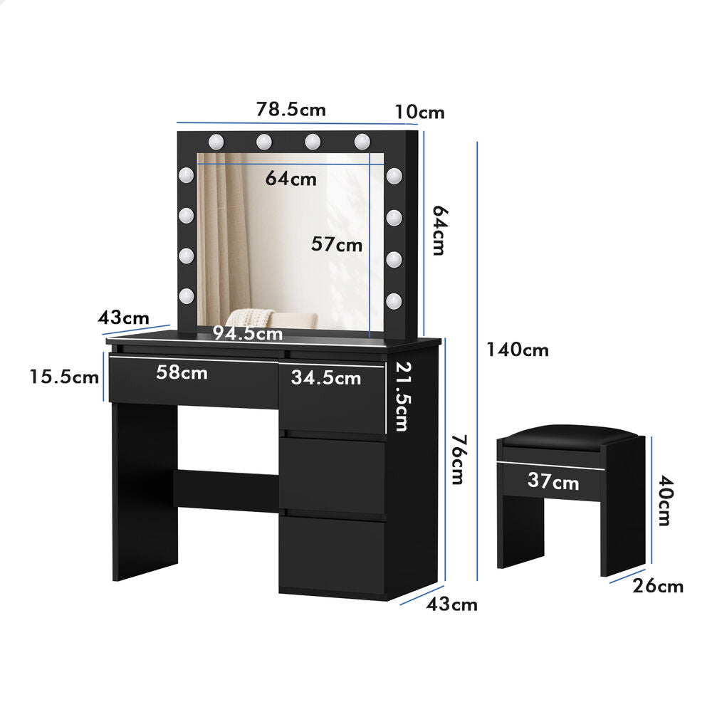 ALFORDSON Dressing Table Stool Set Makeup Mirror Desk LED 12 Bulbs Black