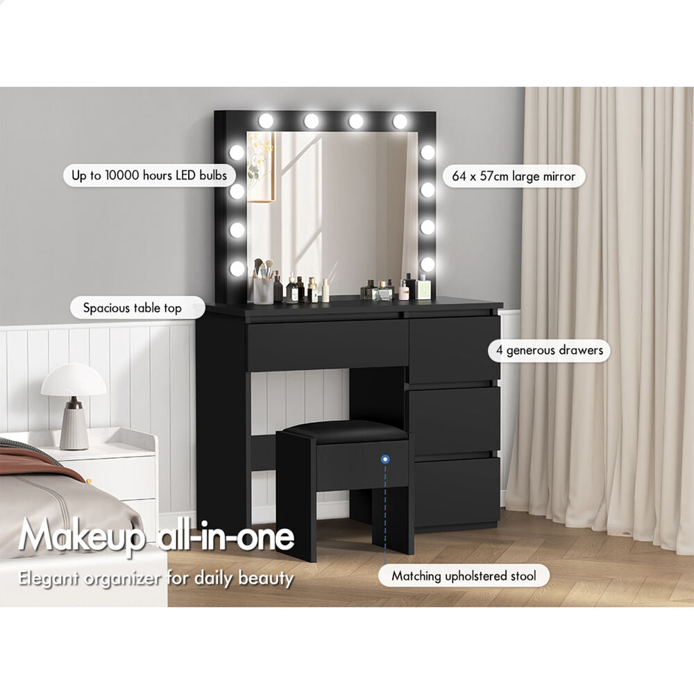 ALFORDSON Dressing Table Stool Set Makeup Mirror Desk LED 12 Bulbs Black