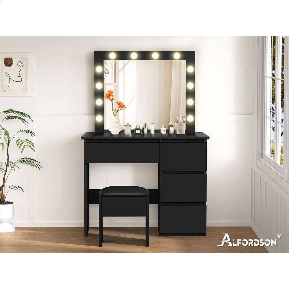 ALFORDSON Dressing Table Stool Set Makeup Mirror Desk LED 12 Bulbs Black