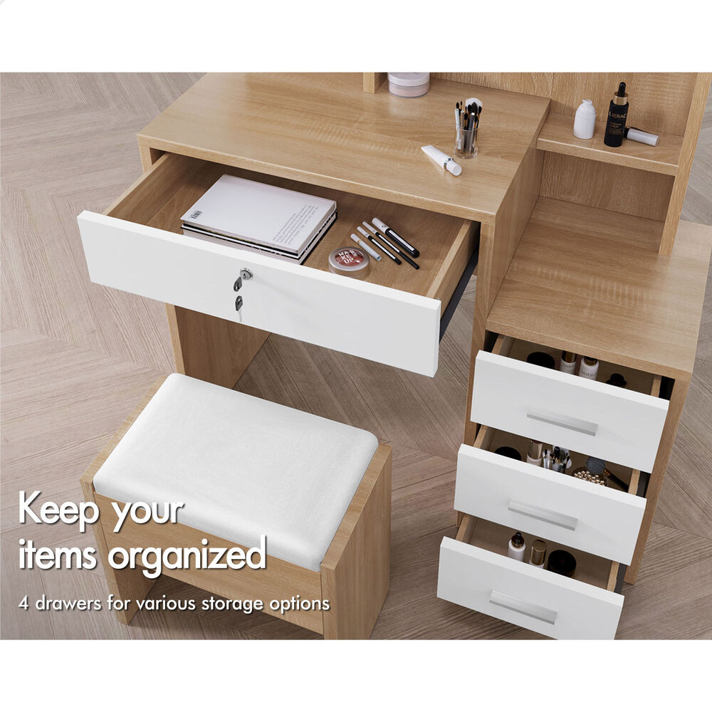 ALFORDSON Dressing Table Set Stool Side Cabinet Oak