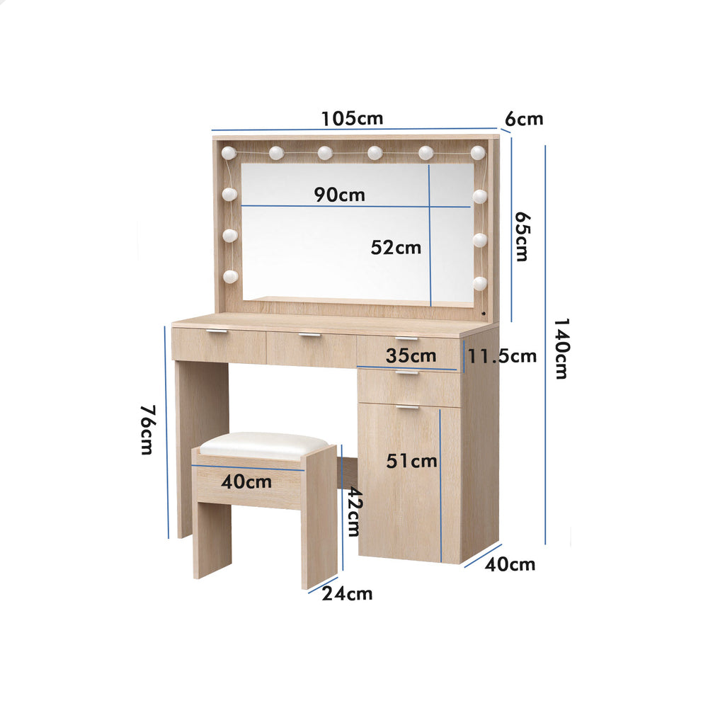 ALFORDSON Dressing Table Stool Set Makeup Mirror Desk 12 LED Bulbs Wood