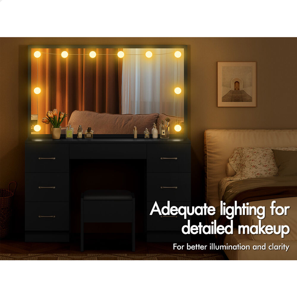 ALFORDSON Dressing Table Stool Set Makeup Mirror Desk LED 10 Bulbs Black