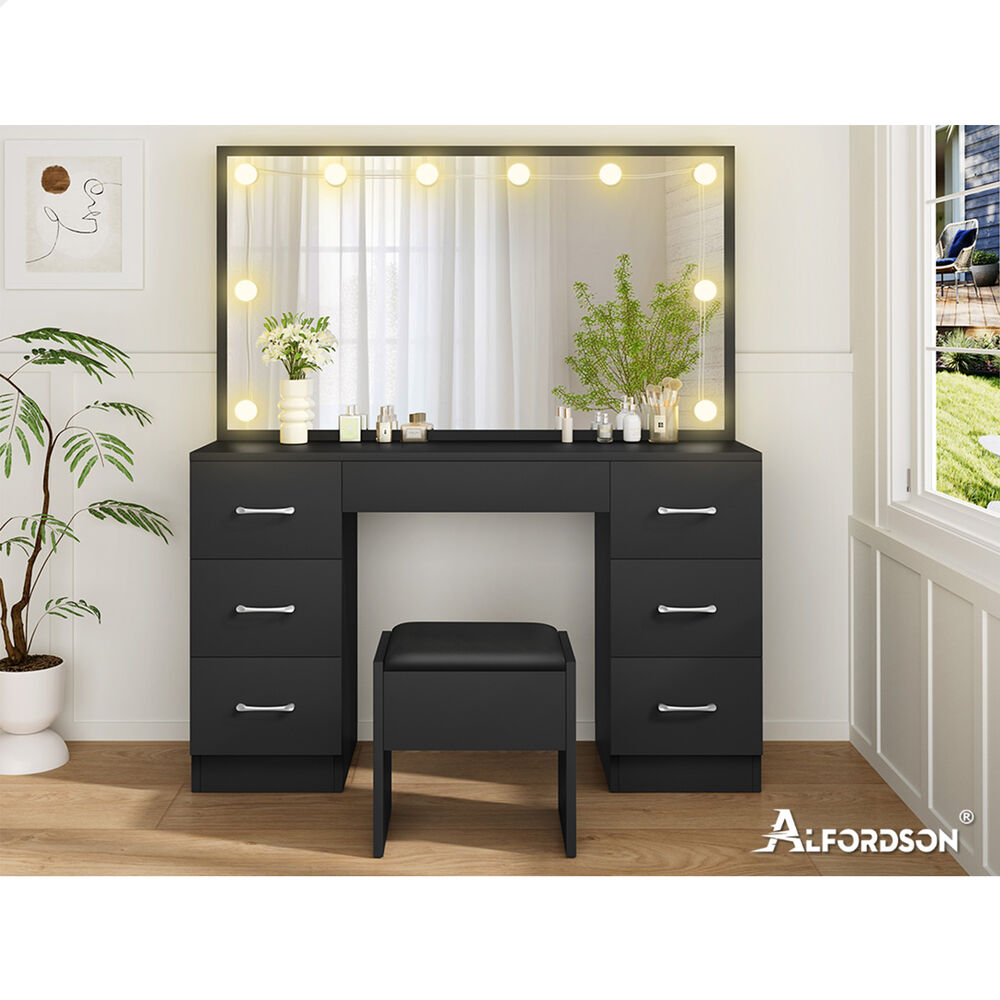 ALFORDSON Dressing Table Stool Set Makeup Mirror Desk LED 10 Bulbs Black