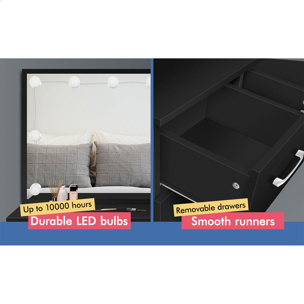 ALFORDSON Dressing Table Stool Set Makeup Mirror Desk LED 10 Bulbs Black