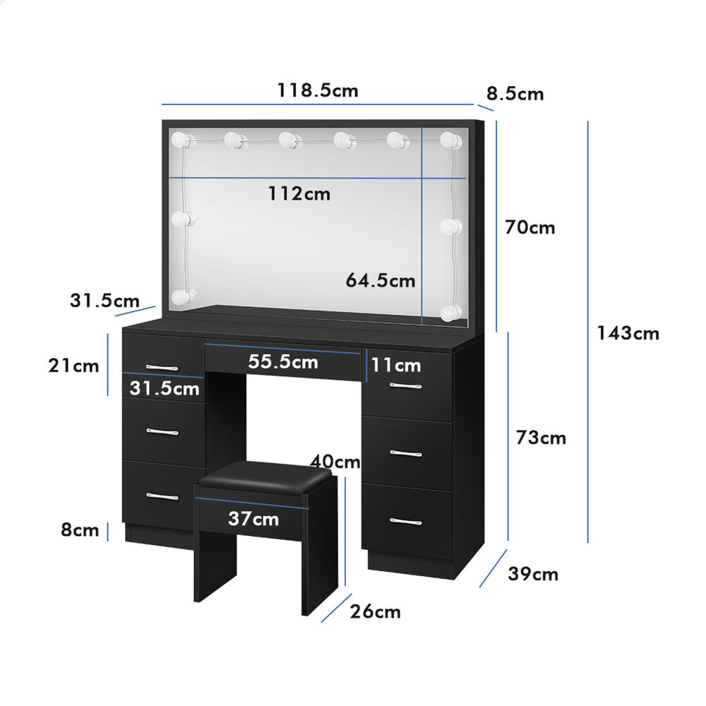 ALFORDSON Dressing Table Stool Set Makeup Mirror Desk LED 10 Bulbs Black