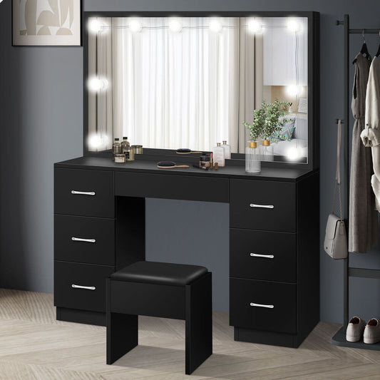 ALFORDSON Dressing Table Stool Set Makeup Mirror Desk LED 10 Bulbs Black