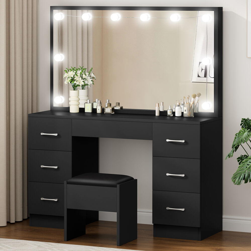 ALFORDSON Dressing Table Stool Set Makeup Mirror Desk LED 10 Bulbs Black