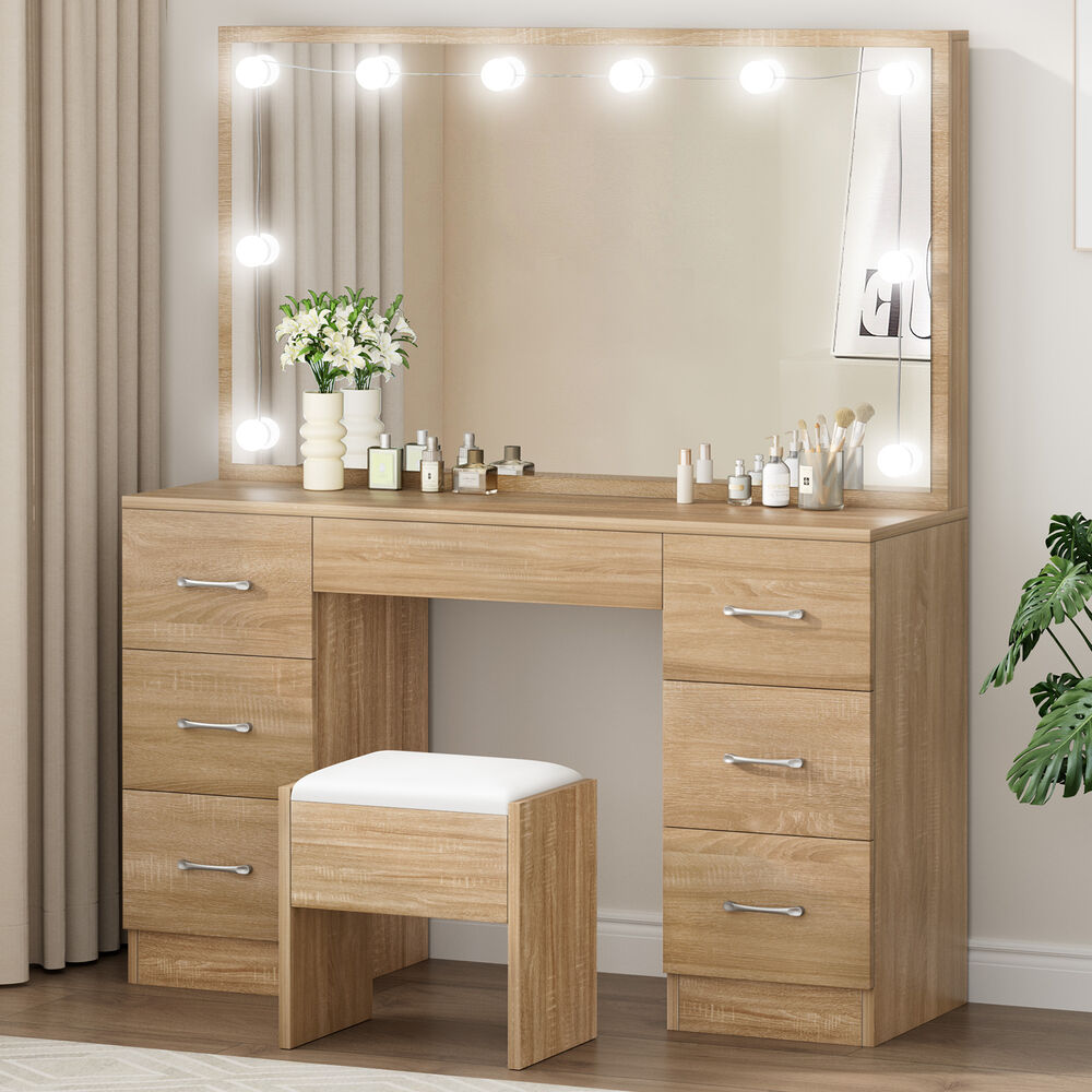 ALFORDSON Dressing Table Stool Set Makeup Mirror Desk LED 10 Bulbs Wood