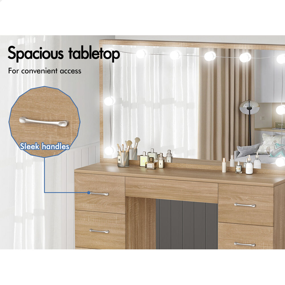 ALFORDSON Dressing Table Stool Set Makeup Mirror Desk LED 10 Bulbs Wood