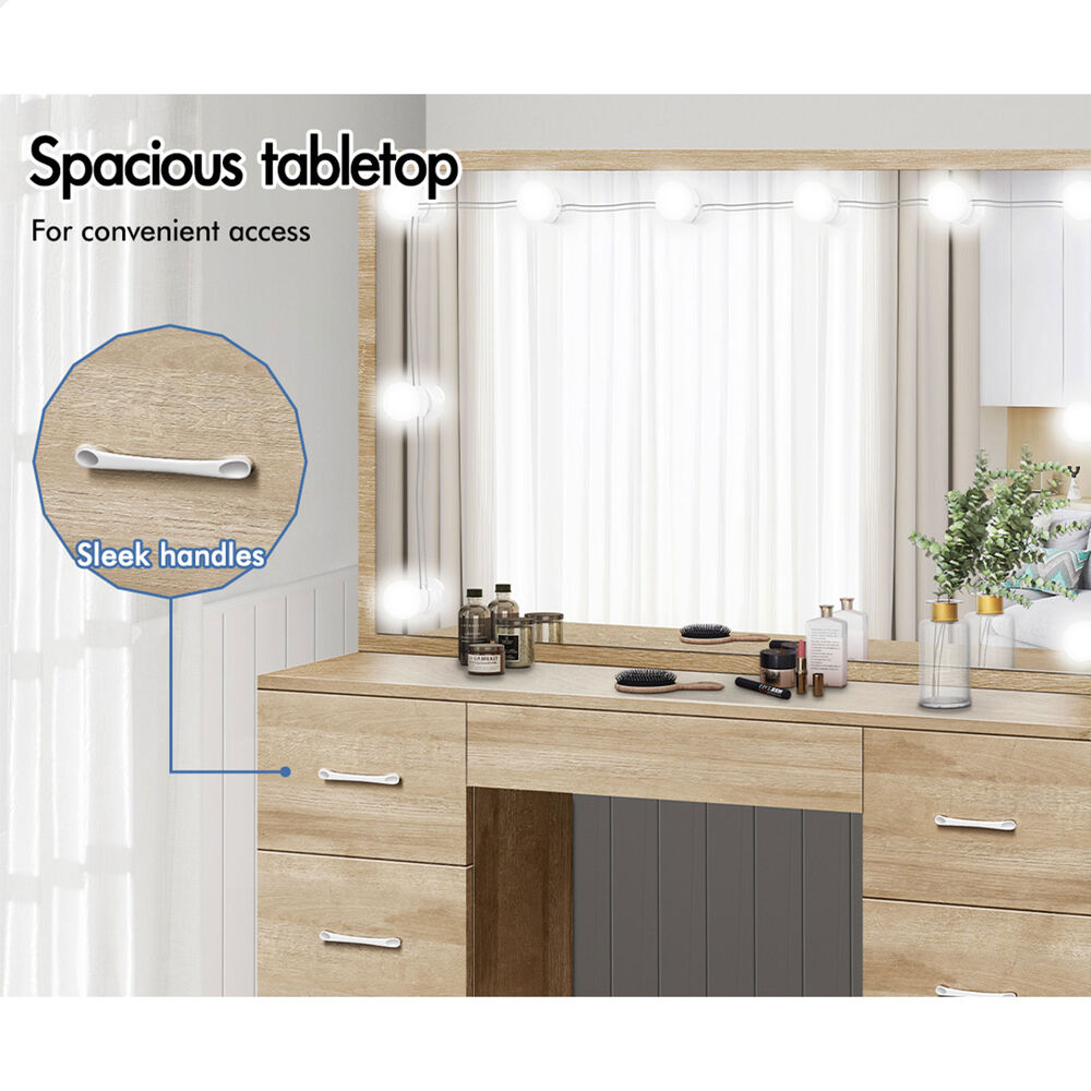 ALFORDSON Dressing Table Stool Set Makeup Mirror Desk LED 10 Bulbs Wood