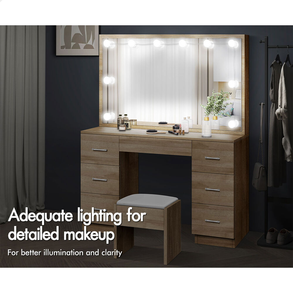 ALFORDSON Dressing Table Stool Set Makeup Mirror Desk LED 10 Bulbs Wood