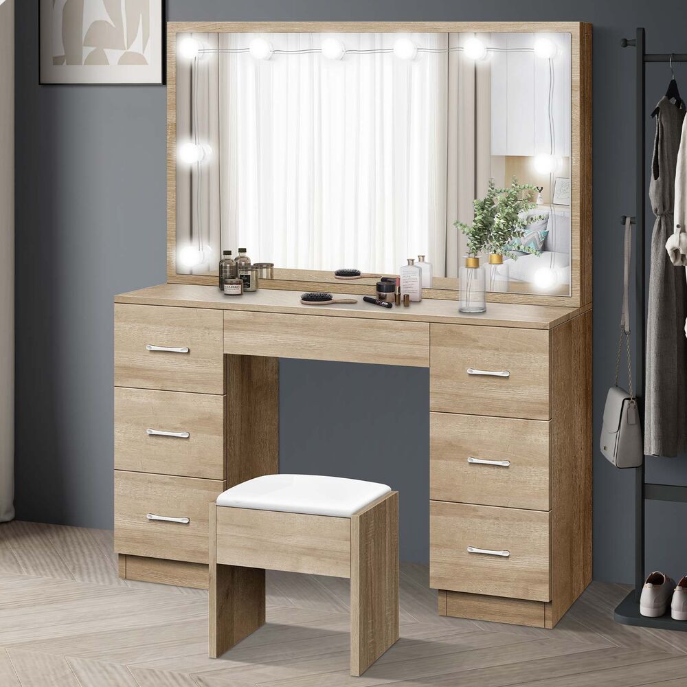 ALFORDSON Dressing Table Stool Set Makeup Mirror Desk LED 10 Bulbs Wood