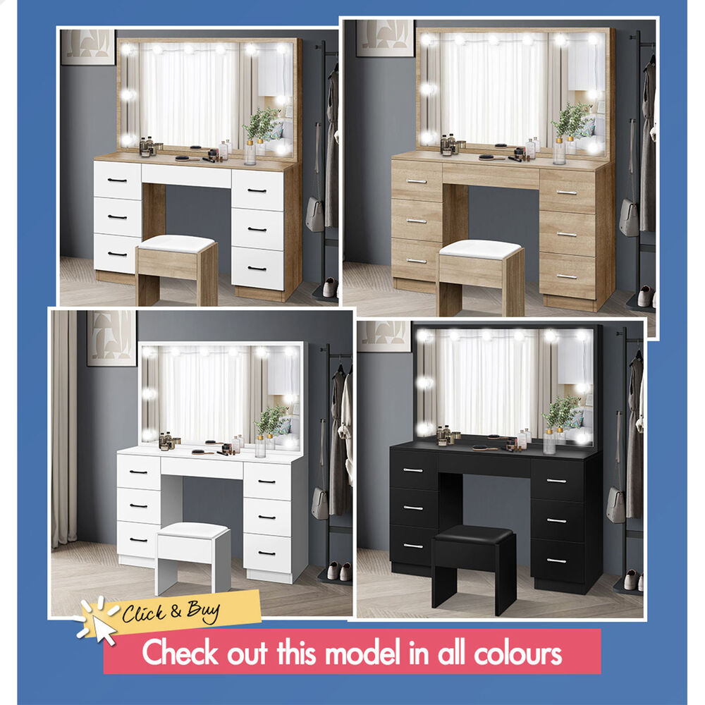 ALFORDSON Dressing Table Stool Set Makeup Mirror Desk LED 10 Bulbs Wood