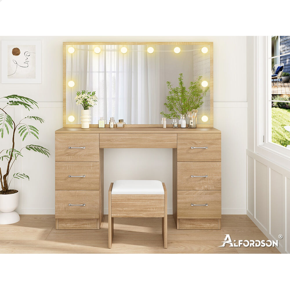 ALFORDSON Dressing Table Stool Set Makeup Mirror Desk LED 10 Bulbs Wood