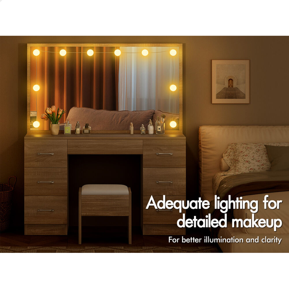 ALFORDSON Dressing Table Stool Set Makeup Mirror Desk LED 10 Bulbs Wood