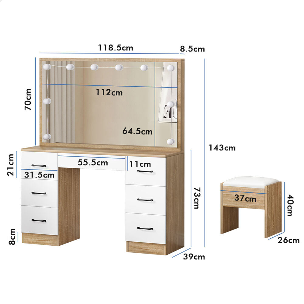 ALFORDSON Dressing Table Stool Set Makeup Mirror Desk LED 10 Bulbs Oak