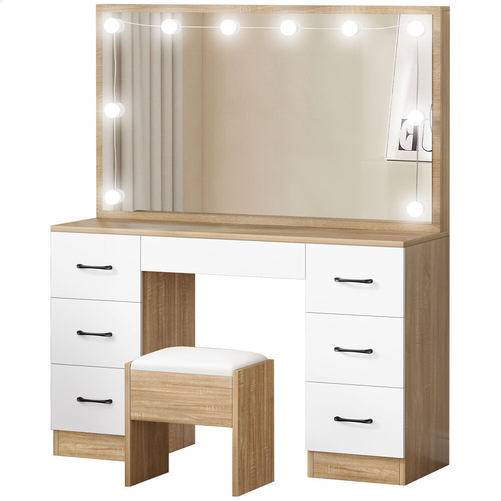 ALFORDSON Dressing Table Stool Set Makeup Mirror Desk LED 10 Bulbs Oak