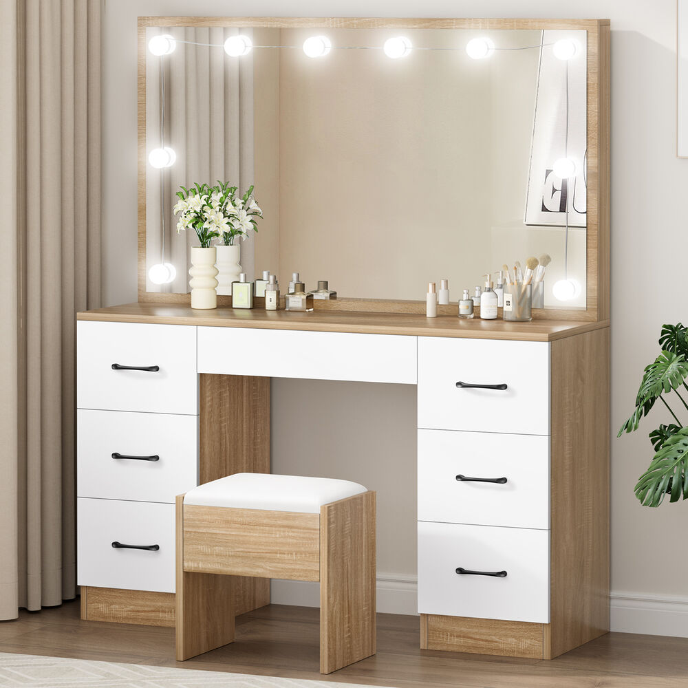 ALFORDSON Dressing Table Stool Set Makeup Mirror Desk LED 10 Bulbs Oak