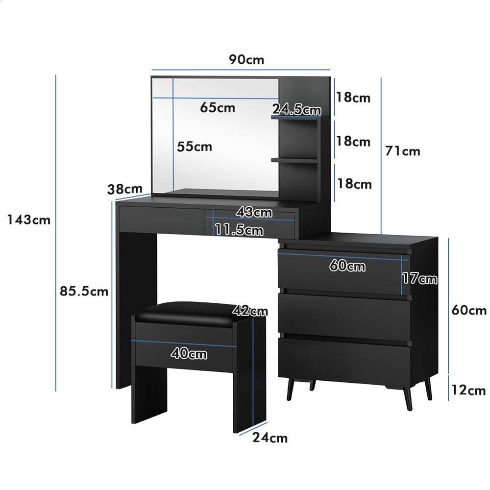ALFORDSON Dressing Table Stool Set Makeup Mirror Desk Storage Cabinet Black