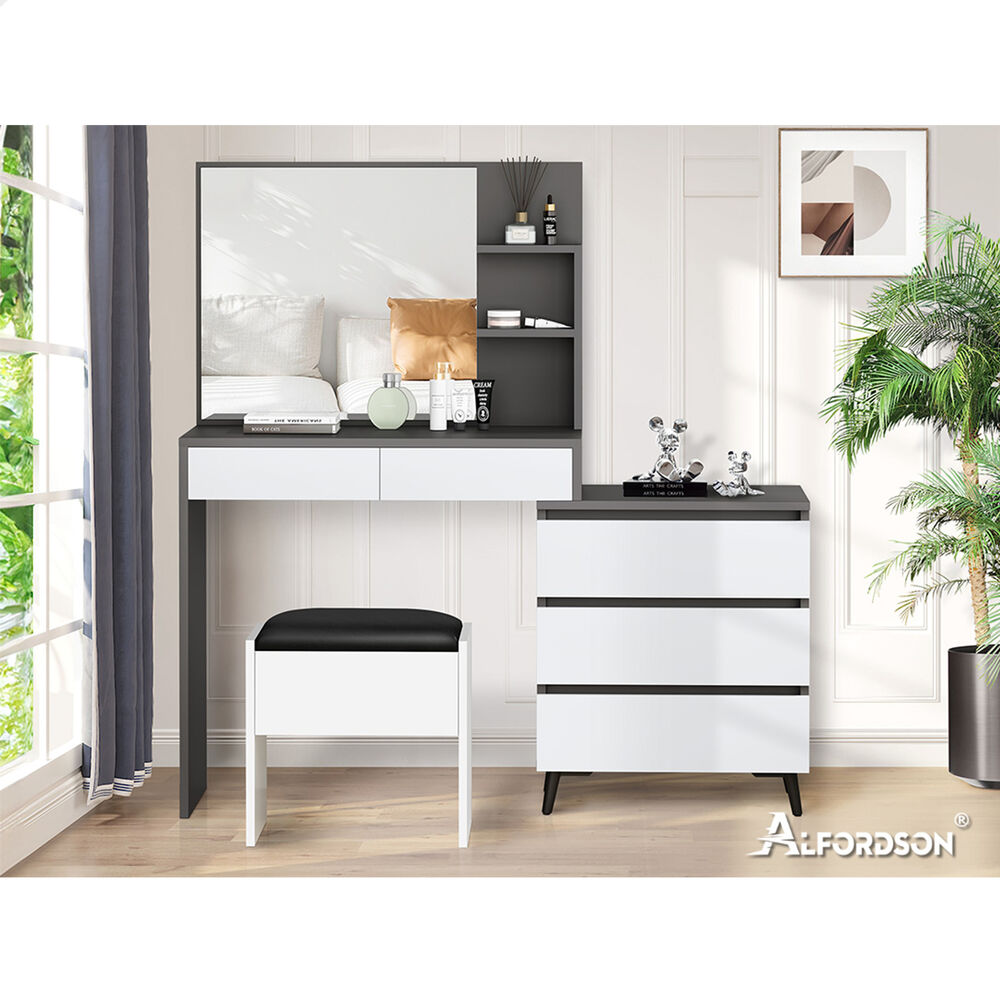 ALFORDSON Dressing Table Stool Set Makeup Mirror Desk Storage Cabinet Grey