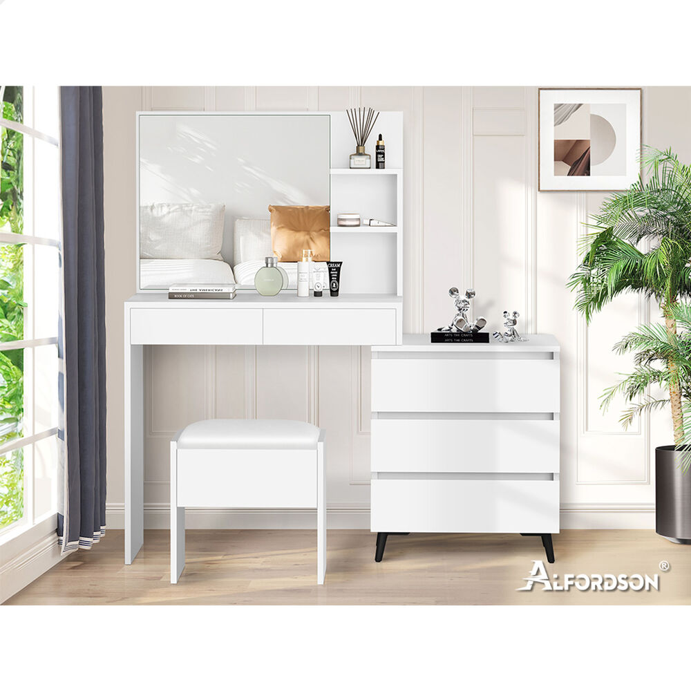 ALFORDSON Dressing Table Stool Set Makeup Mirror Desk Storage Cabinet White